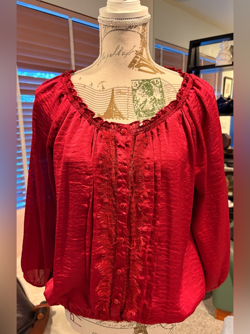 Eyeshadow Red Ruffled Button-Front Peasant Blouse